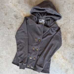 Billabong Womens Pea Coat Hoodie Charcoal Gray Double Breasted Jacket Size M